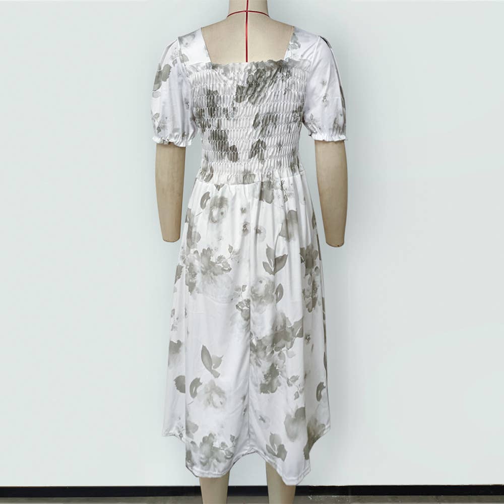 PRINTED DRESS WITH SQUARE COLLAR PUFFED SLEEVES