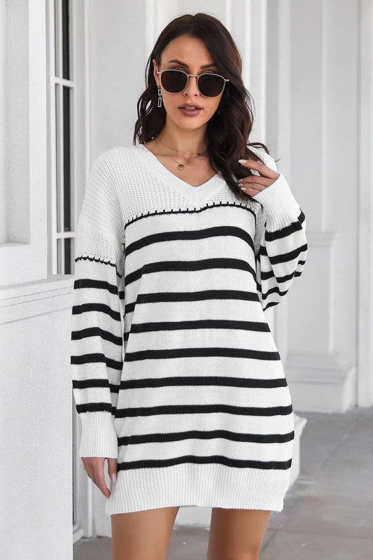 CWDSD7332_STRIPED V-NECK DROP SHOULDER LOOSE DRESS