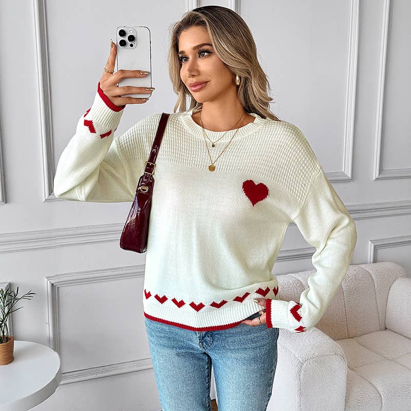 Round-neck heart-shaped jacquard sweater