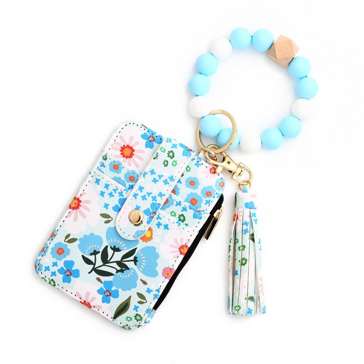Floral Print PU Wallet with Silicone Bead Keychain_CWAB4930