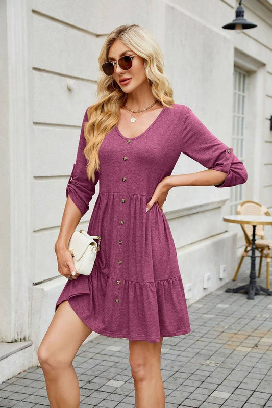 CWDSD7285_ROUND NECK BUTTON GATHERED ELBOW SLEEVE DRESS