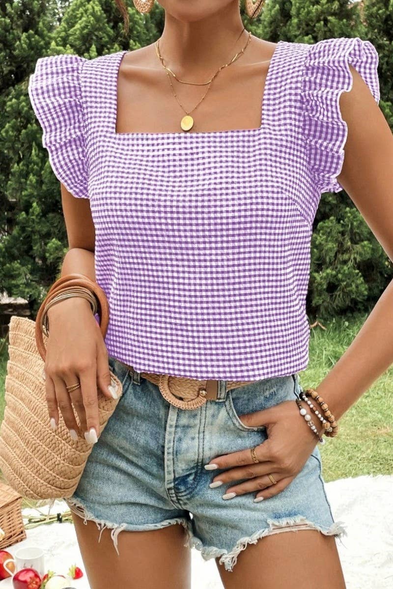 Cwtblsl0969_Plaid Ruffle Square Neck Blouse Top