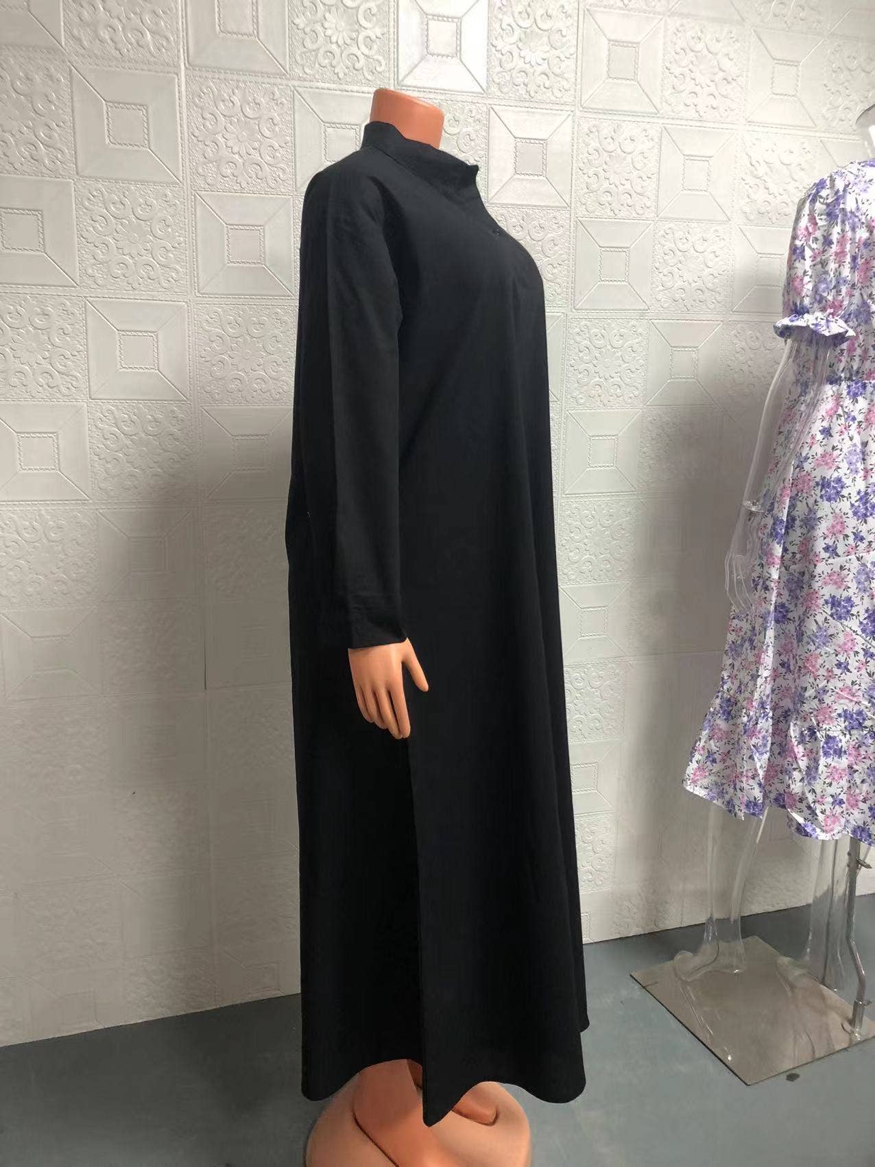 Retro long-sleeved lapel loose wide-hem dress