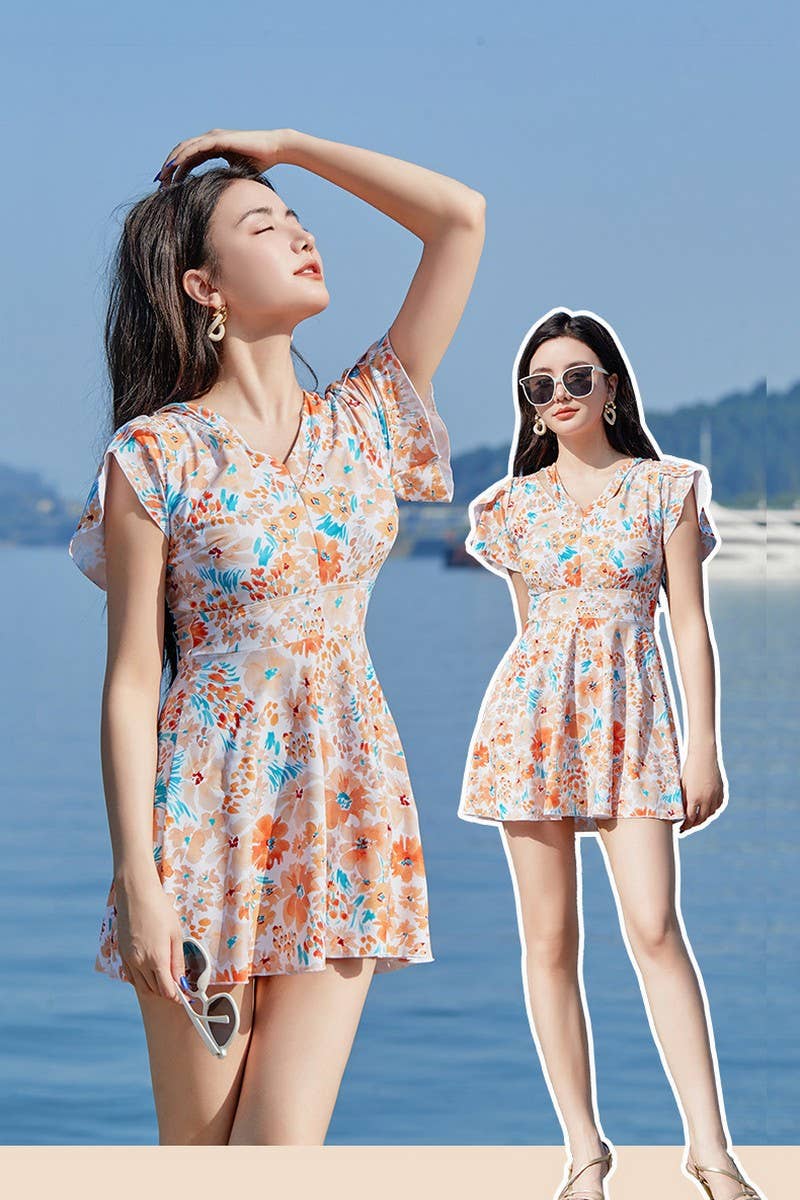 CWMW0863_V-NECK FLORAL SHORT-SLEEVED BEACH SWIMSUIT DRESS