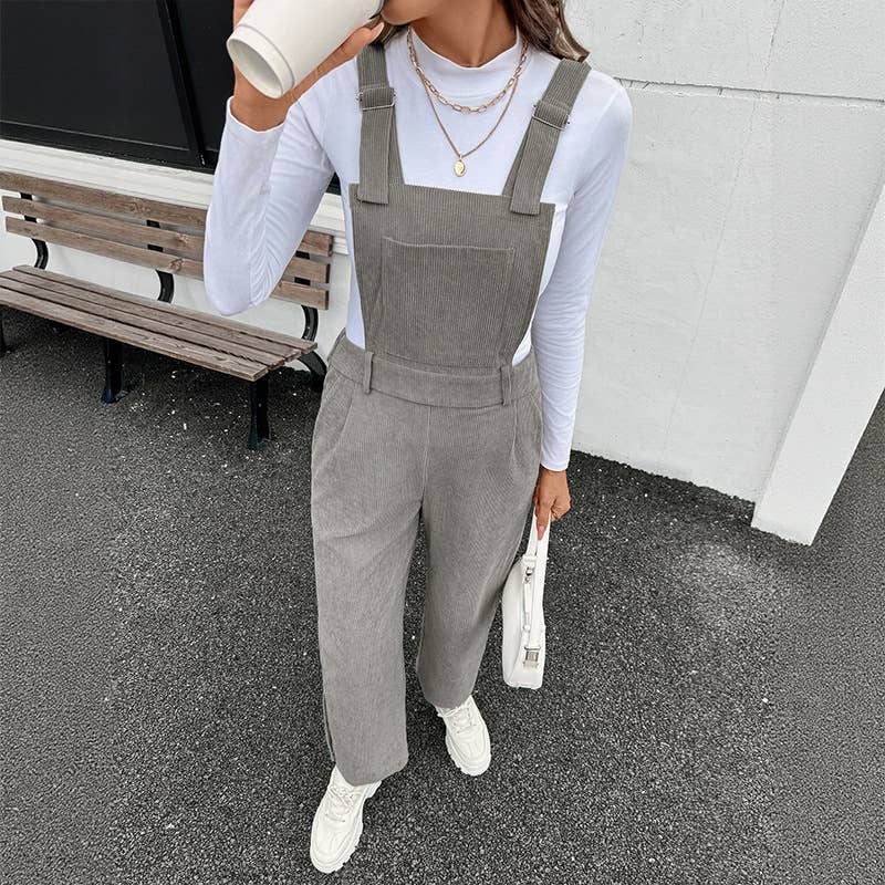 Solid-color basic corduroy adjustable overalls