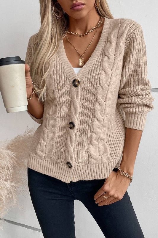 CWOCAL0837_SOLID COLOR SINGLE-BREASTED CABLE KNIT CARDIGAN