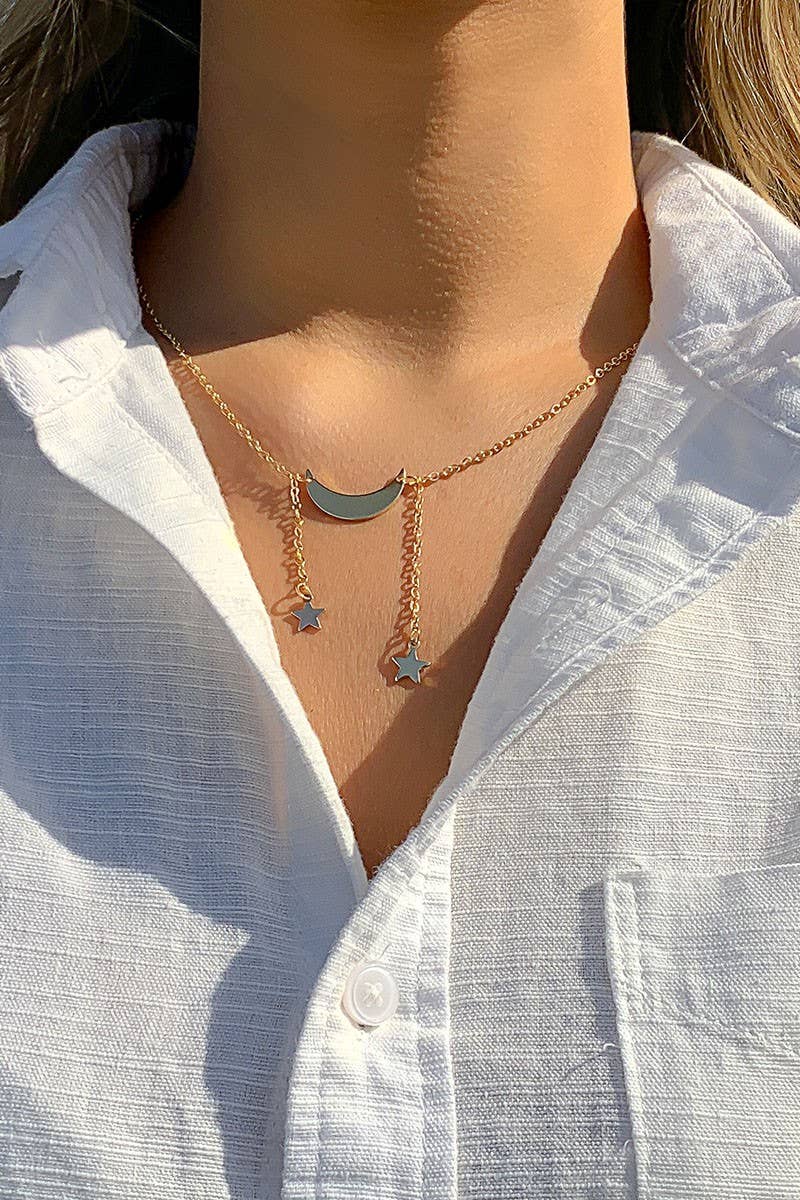 SIMPLE MOON&STAR METAL TASSEL NECKLACE_CWAJE0018