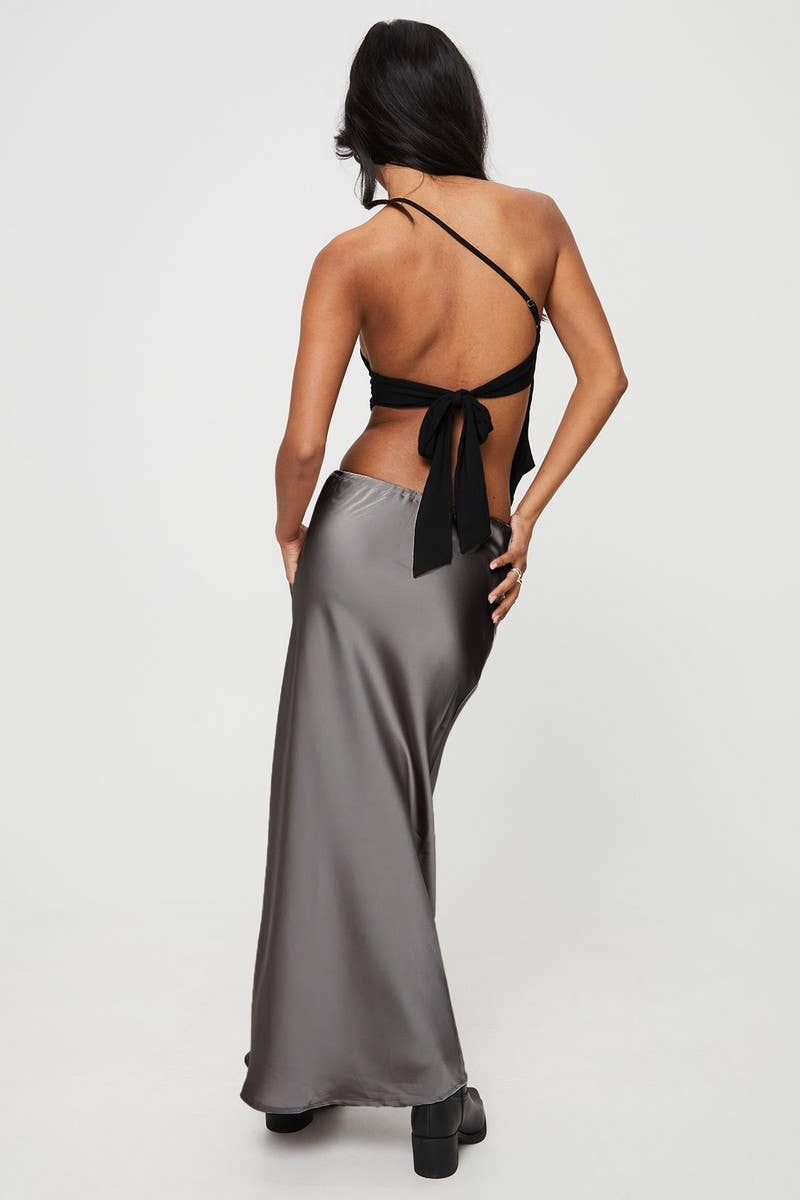 SATIN HIGH WAIST DRAWSTRING SOLID COLOR SKIRT