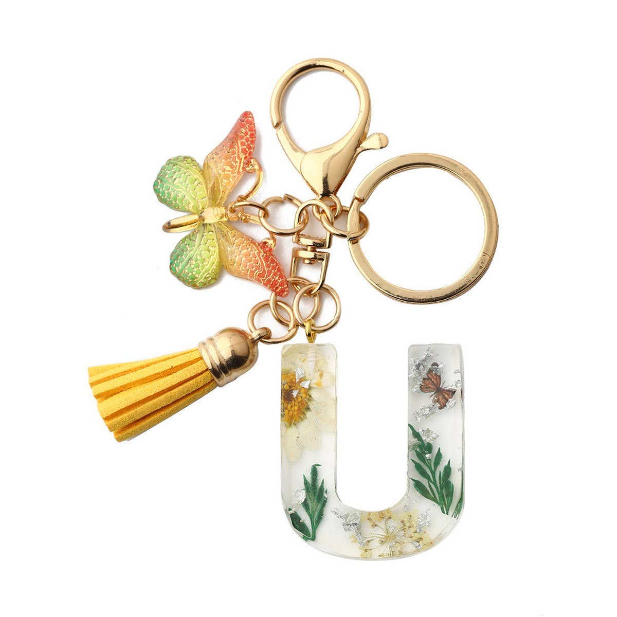 Flower Letter Keychain with Yellow Butterfly Charm_CWAB5090
