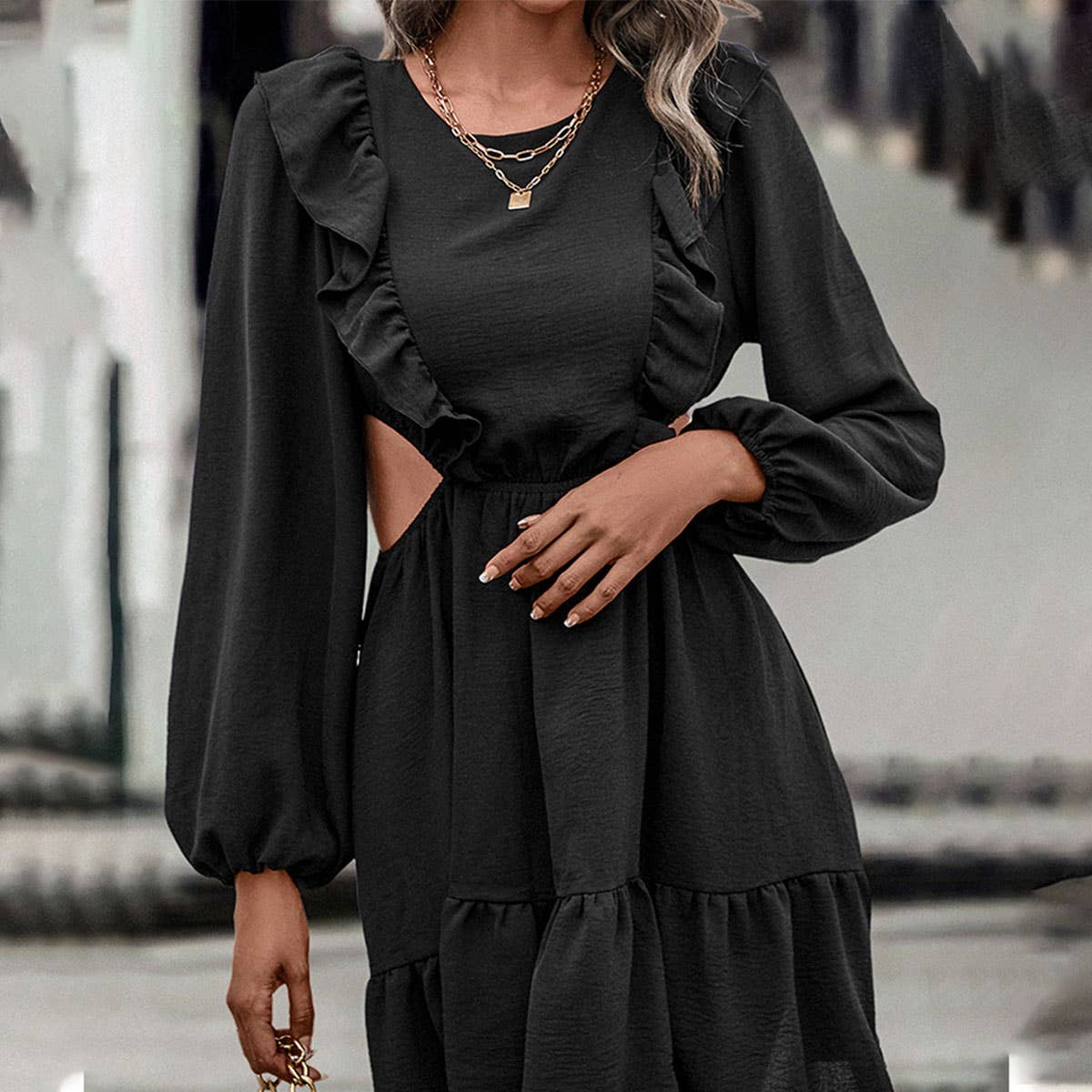 Solid color cutout ruffled patchwork dress