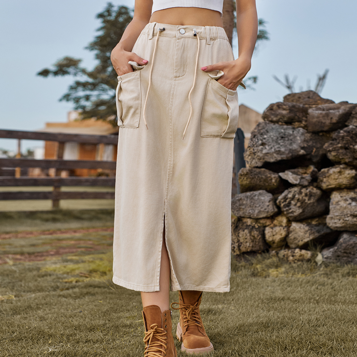 Washed Denim Cargo Skirt with Slit for Women