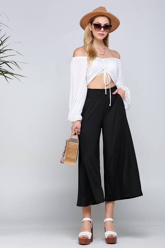 CWBLP418_SMOCKED WAIST BEND GAUCHO PANTS