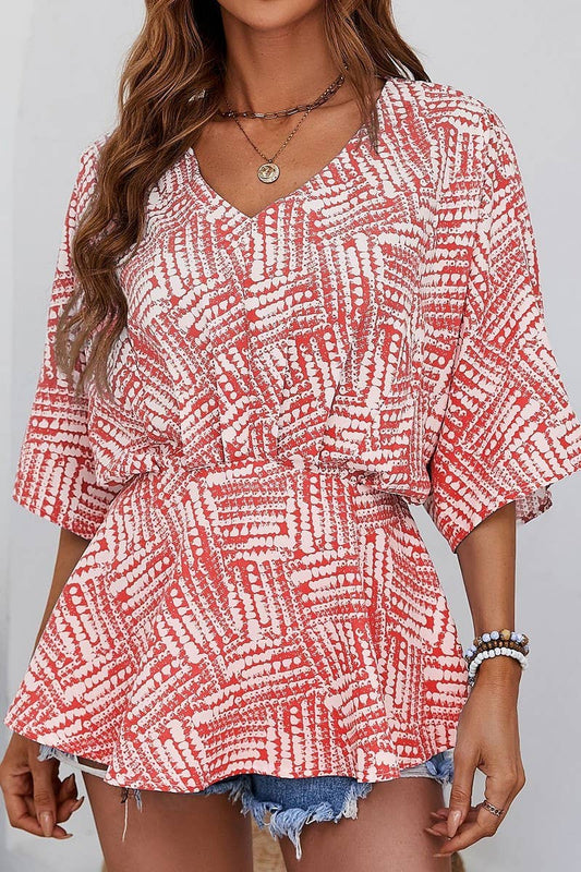 Cwtbls1802_V-Neck Bat Sleeve Loose Short-Sleeved Printed Top