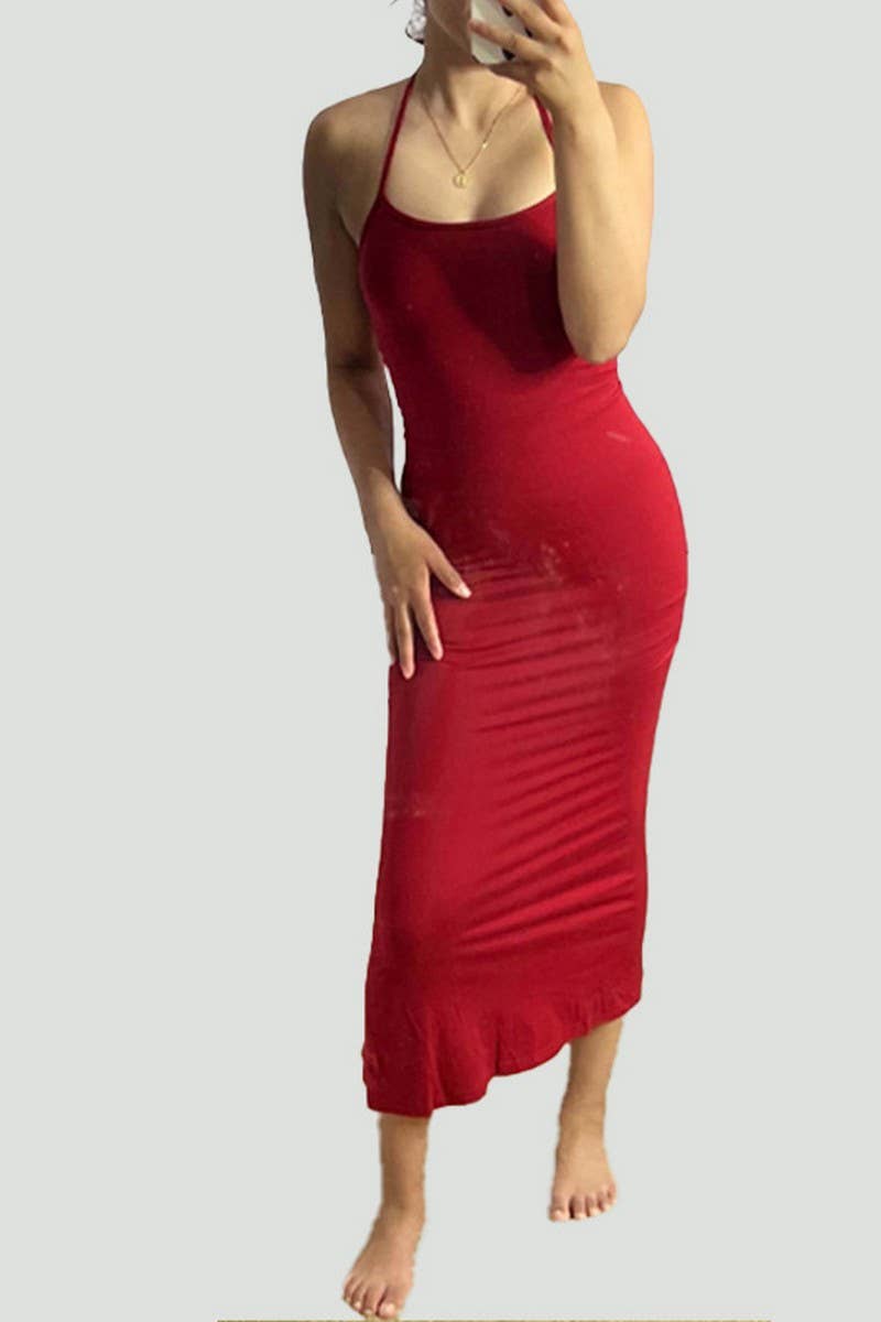 CWDMD4713_SEXY HALTER NECK SUSPENDER SLIM BACKLESS DRESS