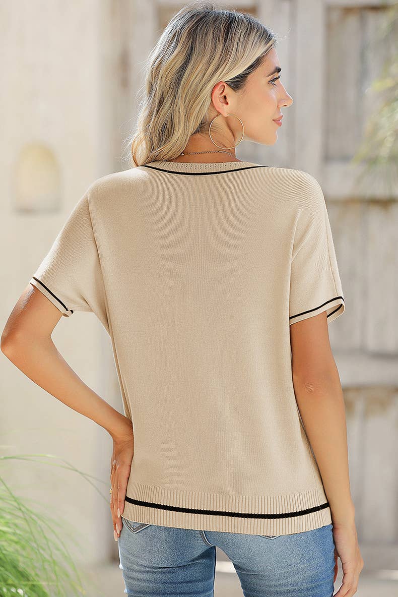 Round-neck,short-sleeved, color-blocked sweater