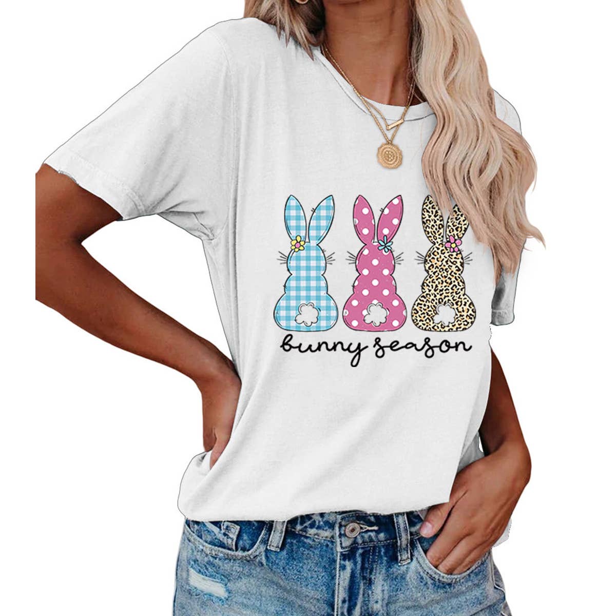 EASTER ROUND NECK LOOSE BUNNY PRINT T SHIRT_CWTTS0856