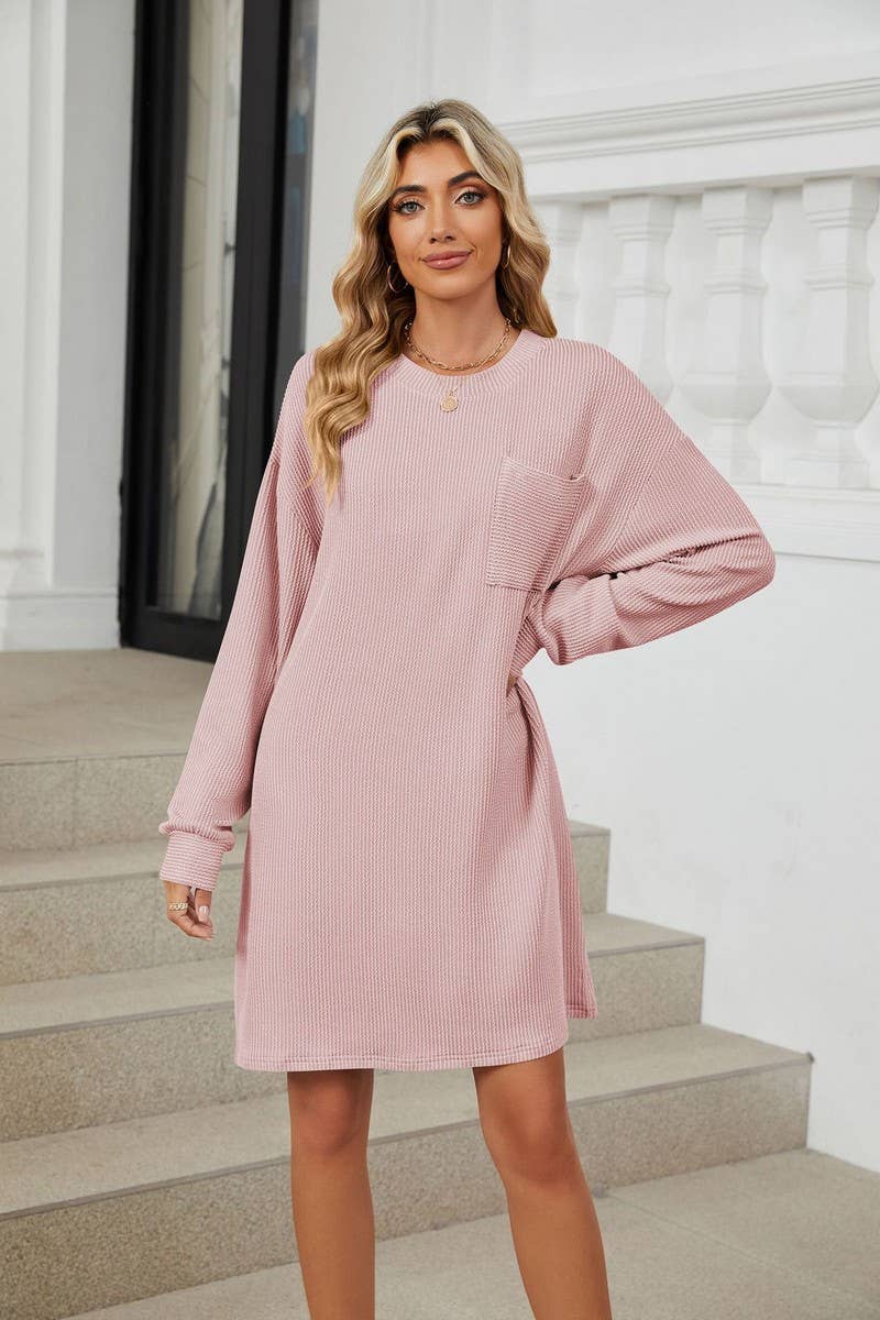 CWDSD5995_ROUND NECK POCKET LOOSE LONG SLEEVE DRESS