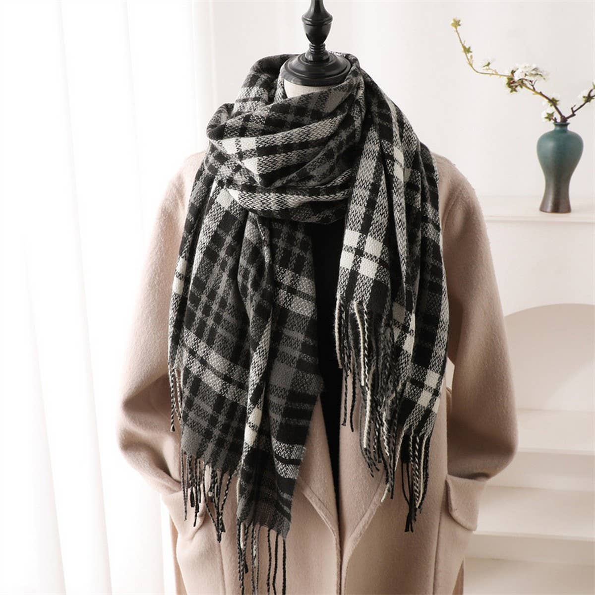 Plaid Cashmere-Like Scarf with Fringe for Winter_CWASC1443