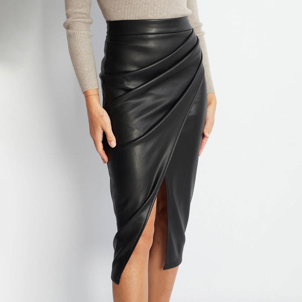 WOMEN'S PU SLIT SKIRT ZIPPER LEATHER SKIRT_CWAB4790
