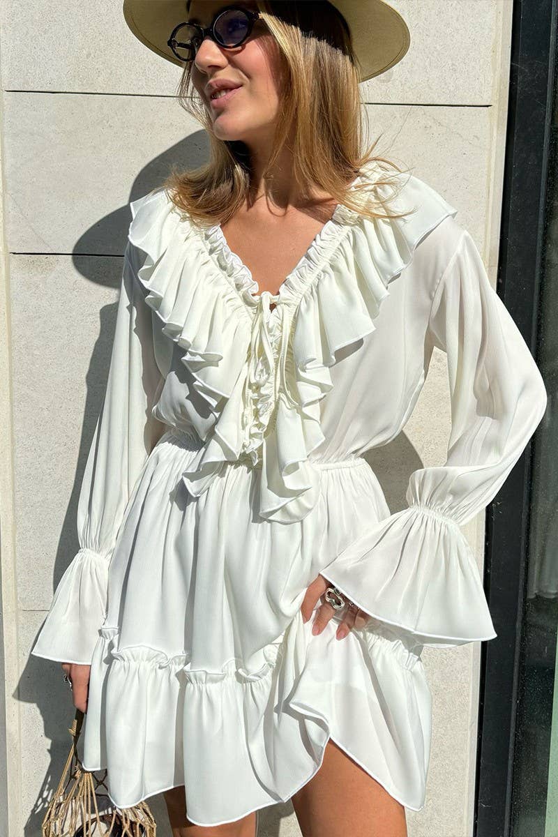 CWDSD7805_V-NECK BELL SLEEVE SHORT CHIFFON DRESS