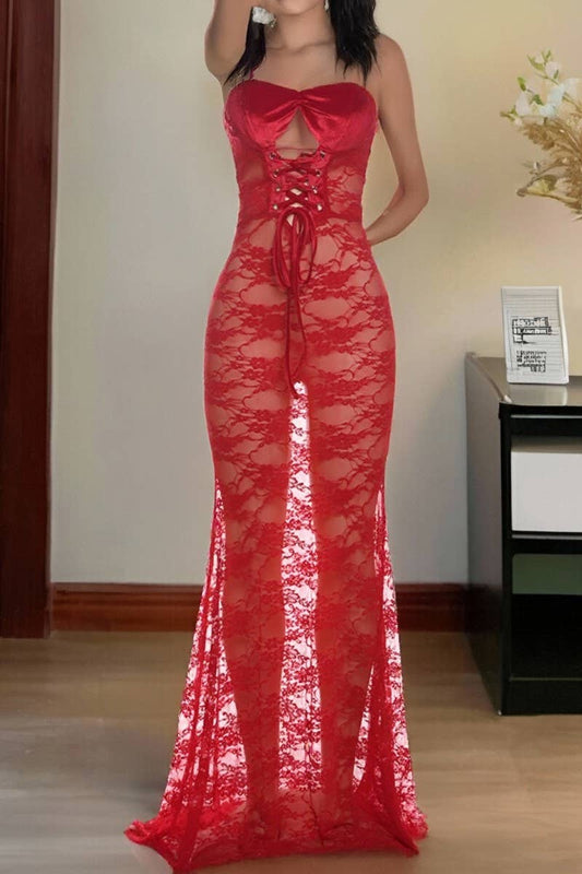 CWDMD6428_STRAPLESS LACE SEE-THROUGH LONG SKIRT