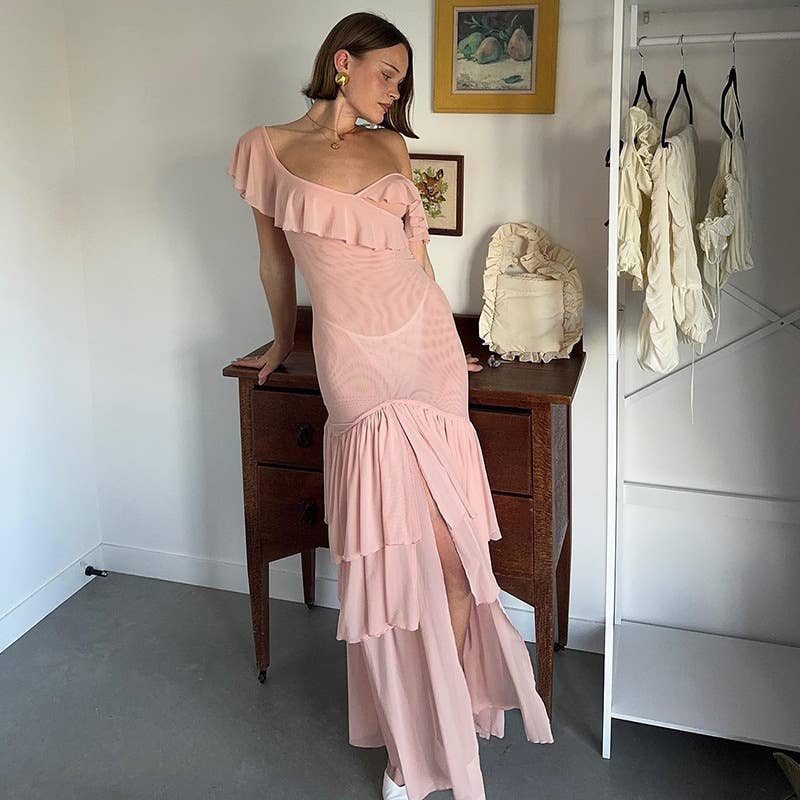 Ruffled V-Neck Mesh Backless Midi Dress