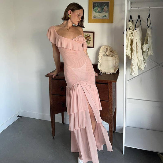 Ruffled V-Neck Mesh Backless Midi Dress