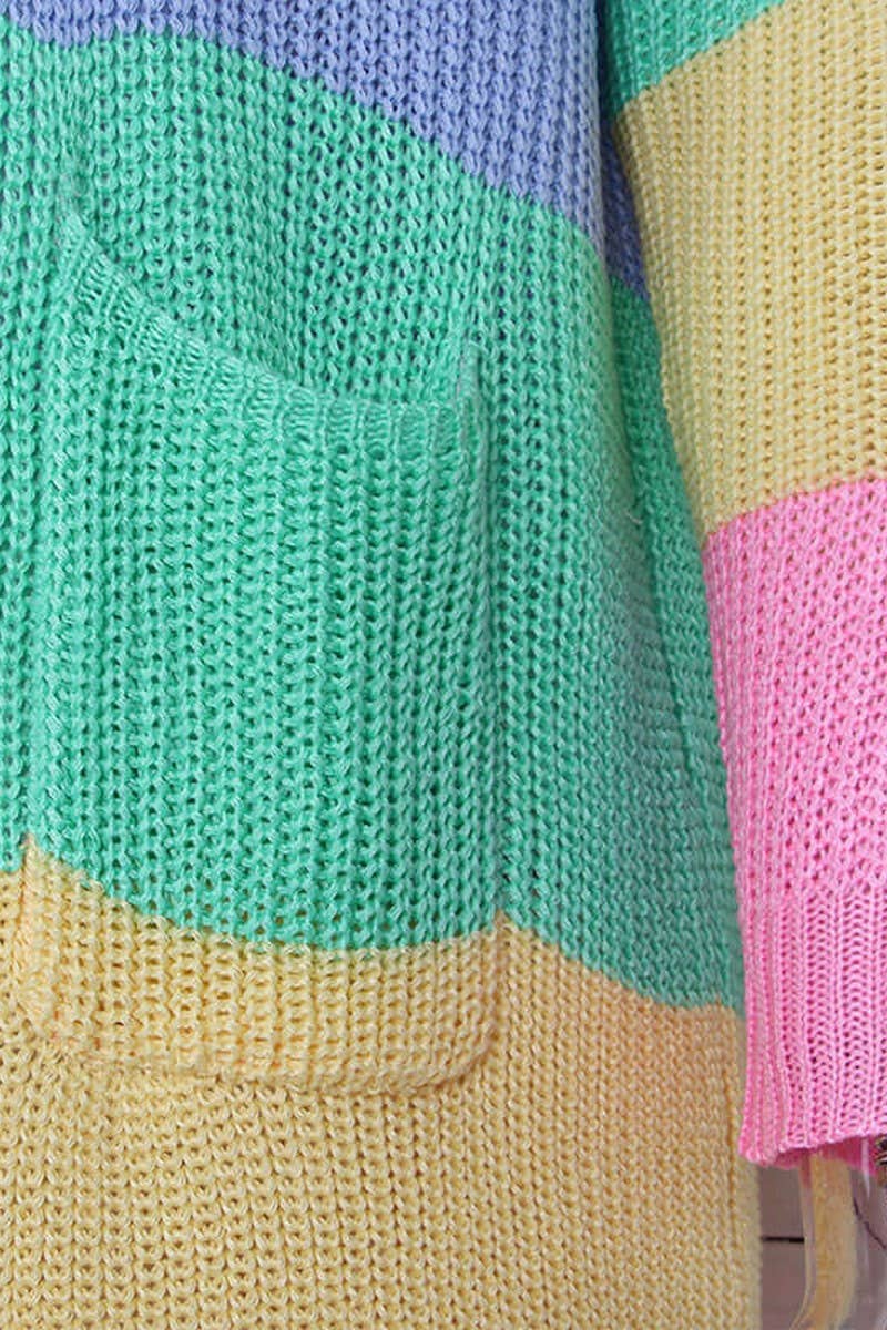 CWOCAL00701_LOOSE COLORBLOCK STRIPED LONG KNIT CARDIGAN