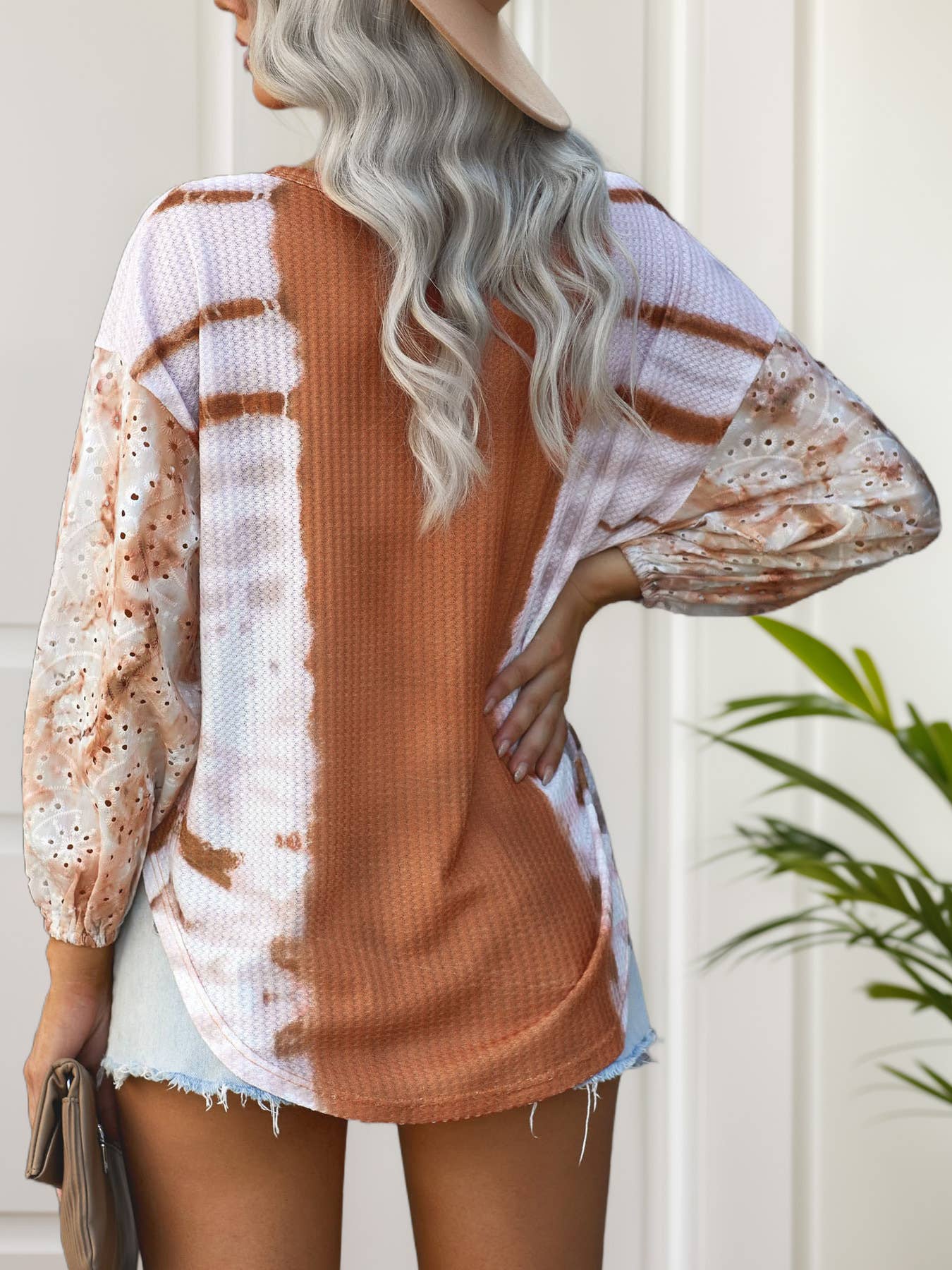 TIE-DYE EMBROIDERY PATCHWORK WAFFLE TOP