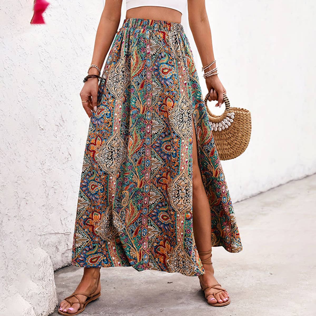 Famous style print slit A-line skirt
