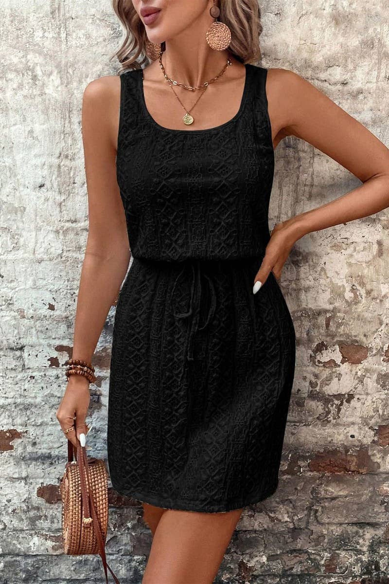 CWDMD4645_SQUARE NECK DRAWSTRING SLEEVELESS DRESS