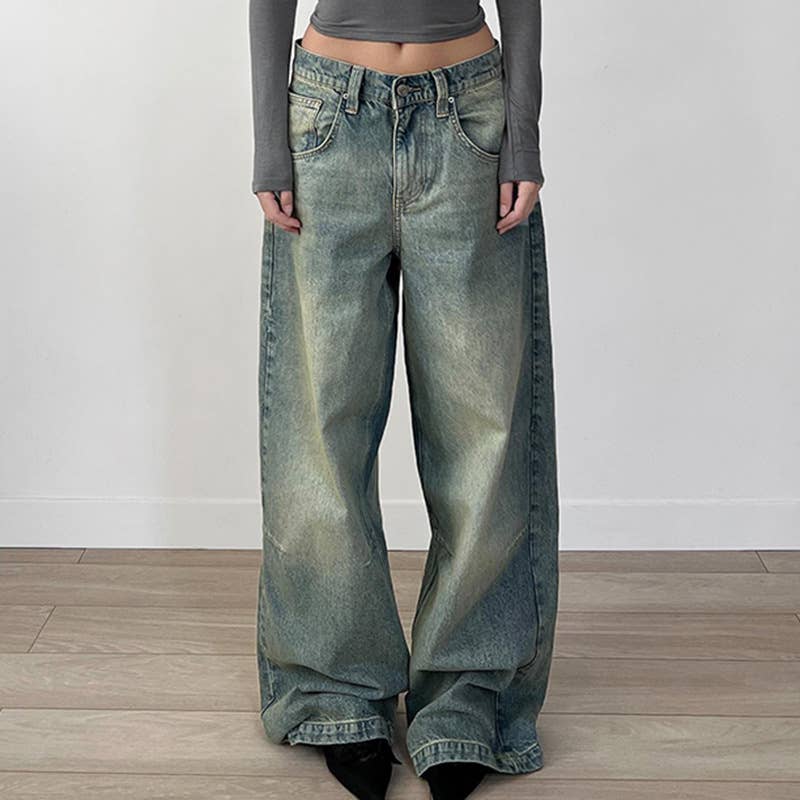 Retro washed and aged low-rise jeans