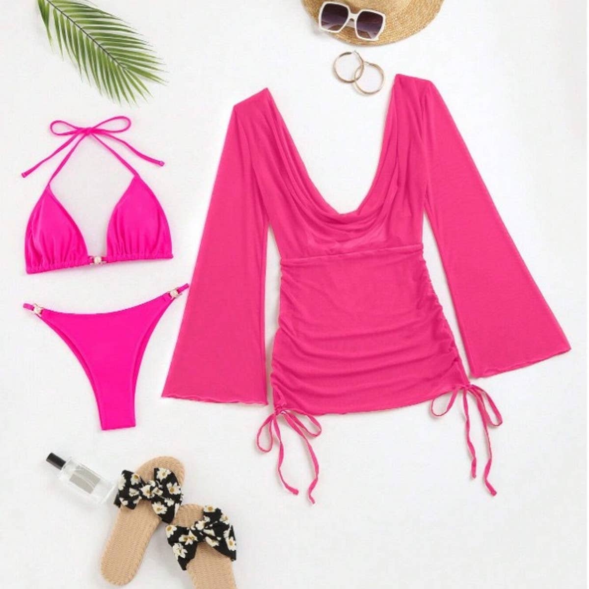 WOMEN MESH BLOUSE SWIMSUIT THREE PIECE SET