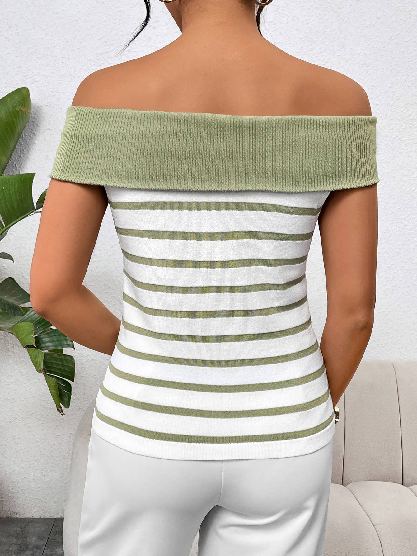 Stylish striped off-the-shoulder pullover sweater
