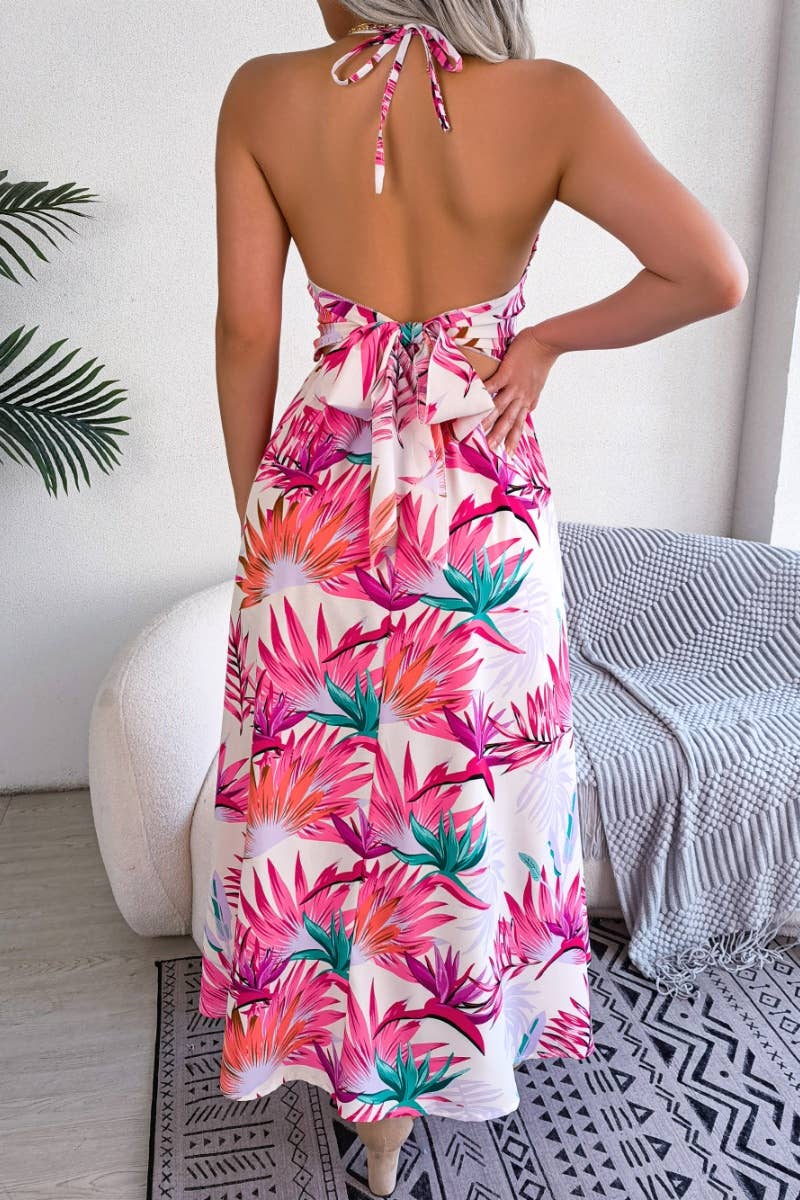 CWDHL0512_PRINT HOLLOWED-OUT BEACH HALTER DRESS LONG