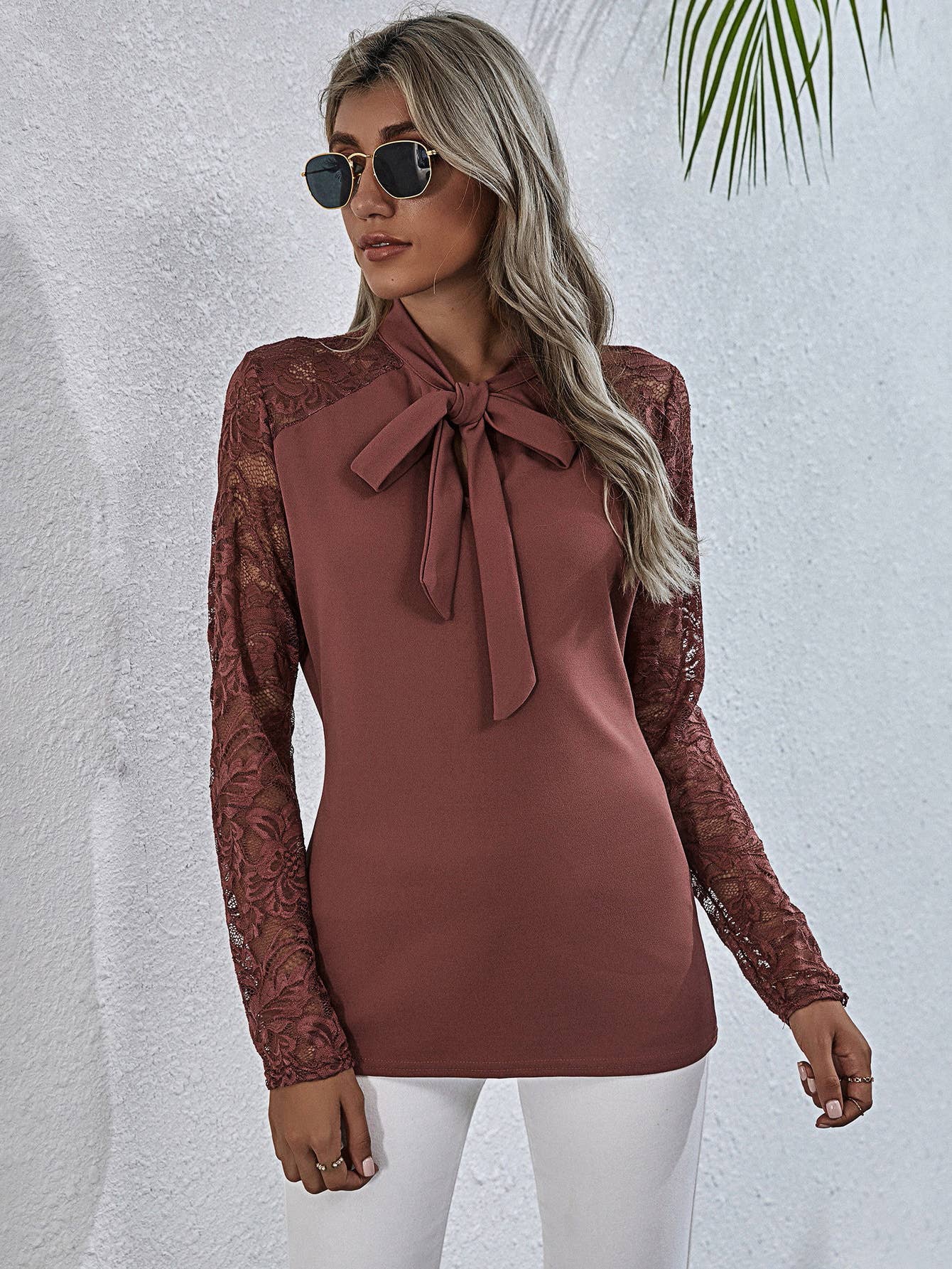 Solid-color lace patchwork long-sleeved shirt