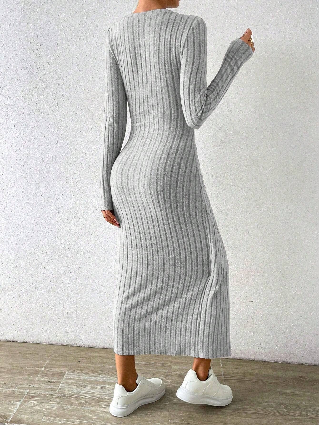 KNIT SOLID COLOR DRESS IRREGULAR LONG DRESS
