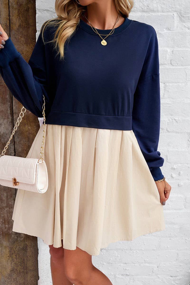 CWDSD2324_Round Neck Long Sleeve Patchwork Short Dress