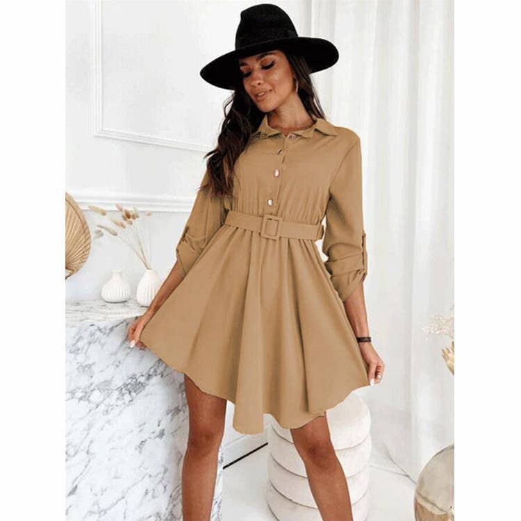 Rolled-up sleeves cinched waist shirt dress
