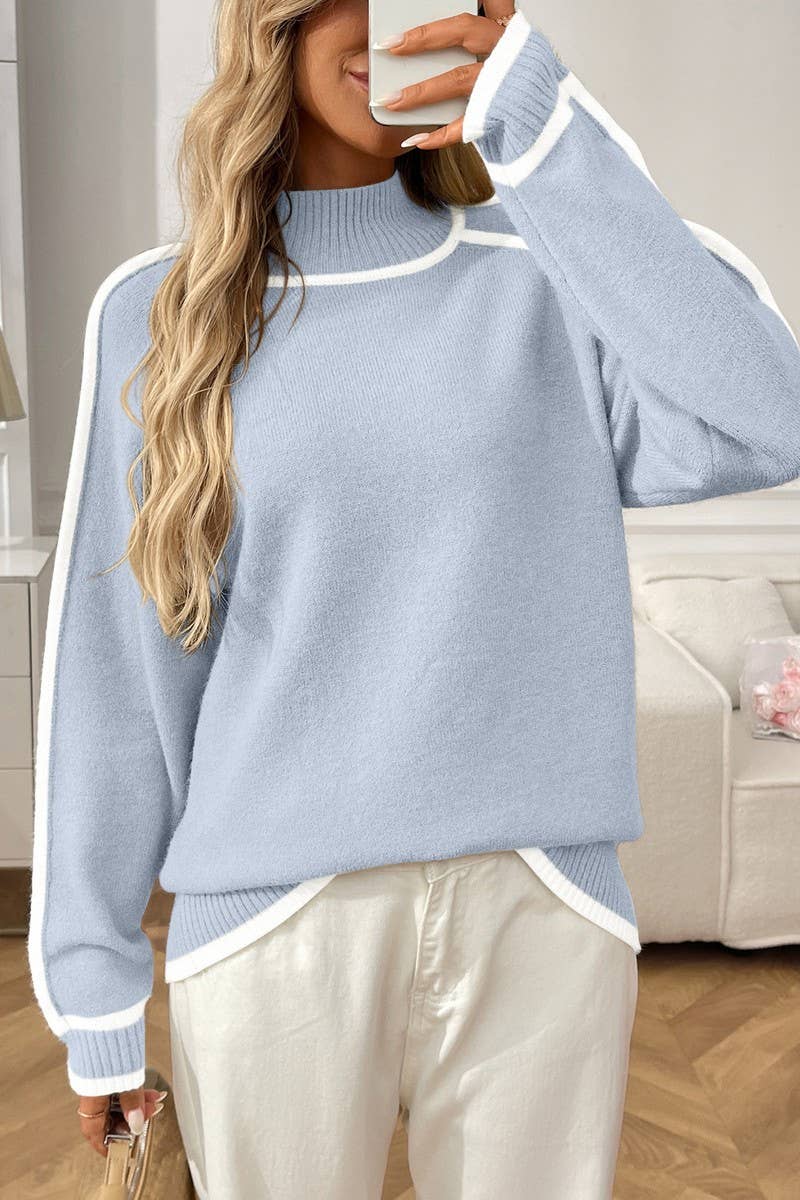 CWOSWL07155_COLORBLOCK MOCK NECK LOOSE PULLOVER SWEATER