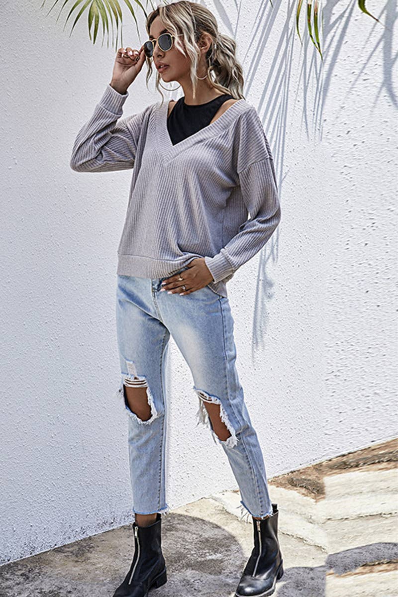 FASHION FAKE TWO PATCHWORK SOLID COLOR KNITWEAR