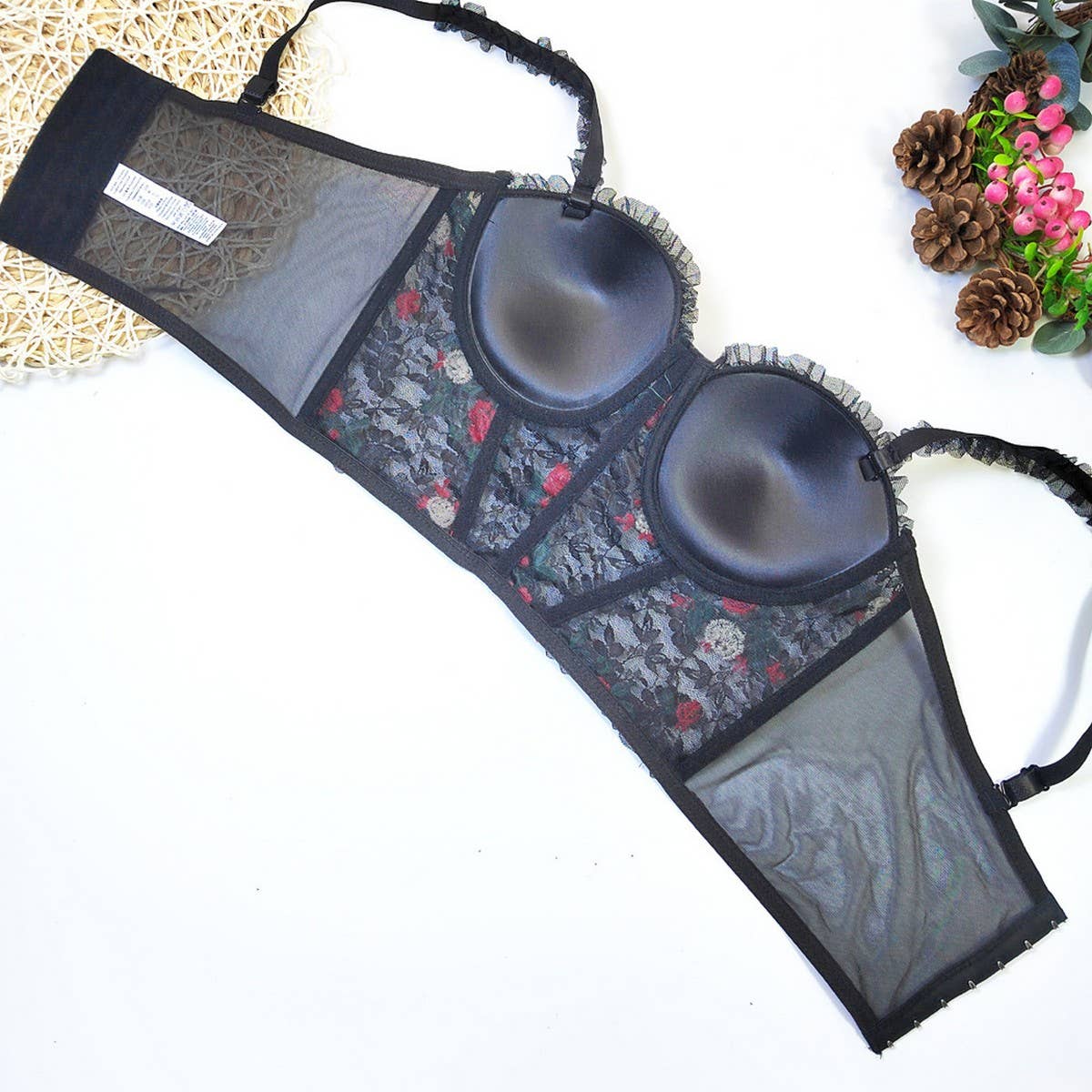 LACE FLORAL EMBROIDERY HERRINGBONE CORSET