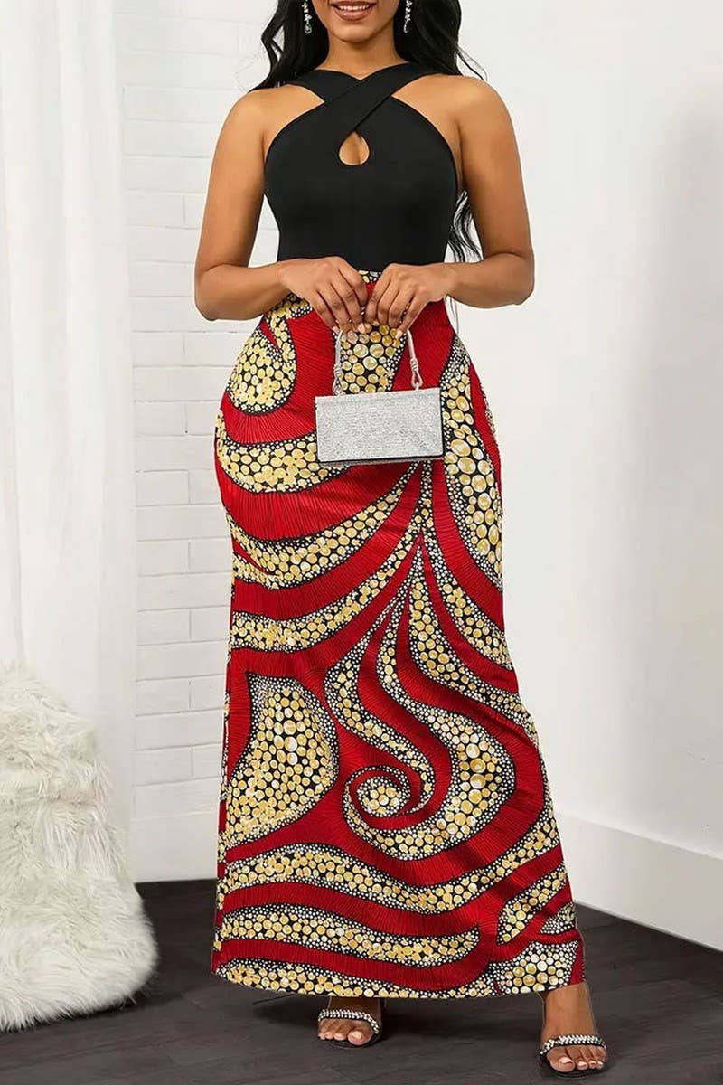 CWDMD5080_SUMMER TEMPERAMENT COLORBLOCK HALTER NECK DRESS