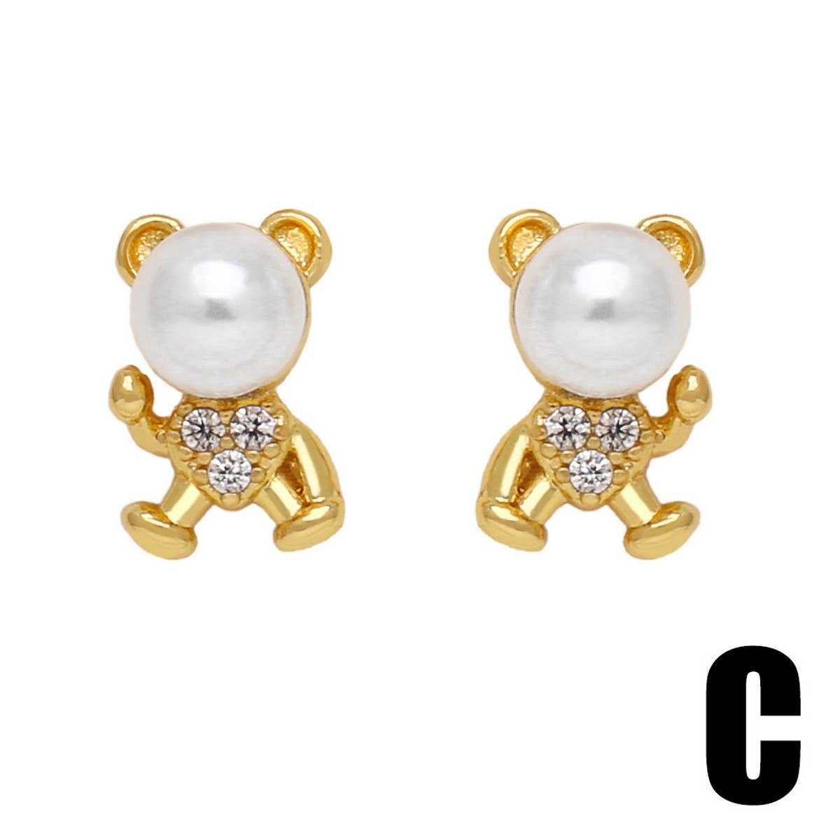 PEARL BEAR EARRINGS ZIRCON GOLD PLATED EARRINGS_CWAJE1003