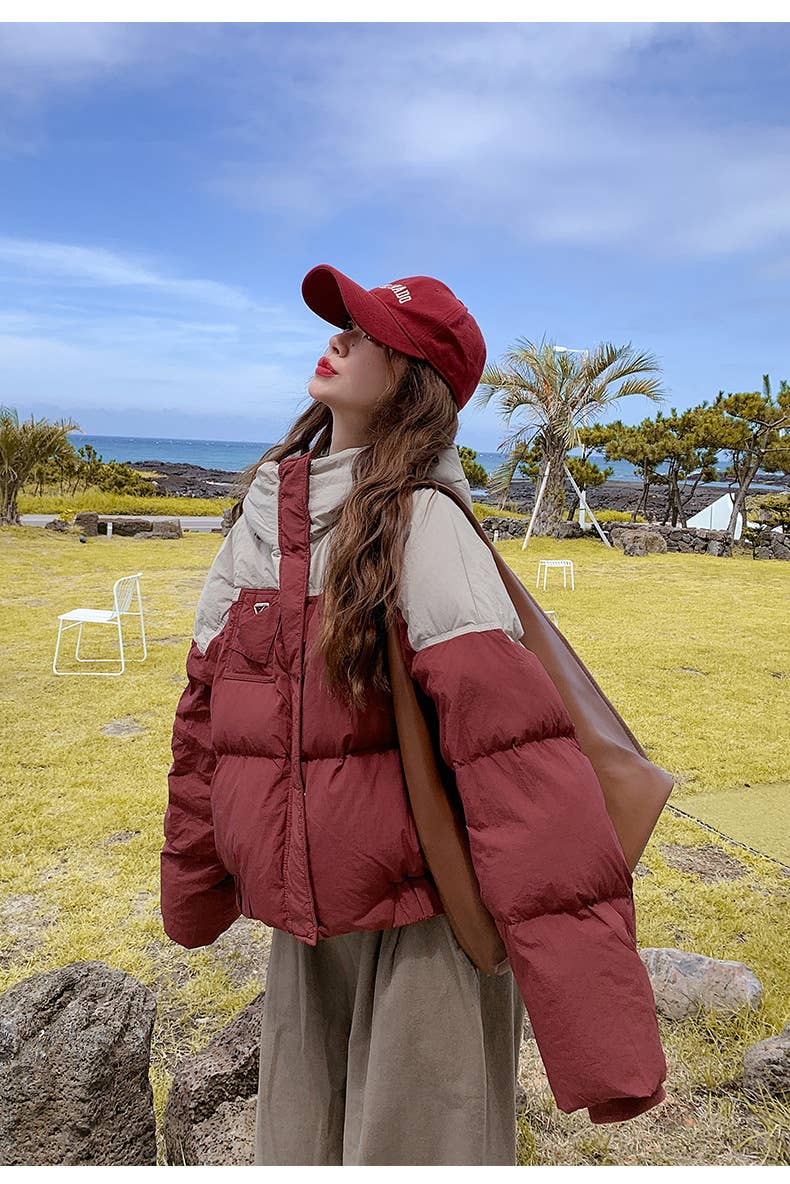 Short hooded,color-blocking,thick loose jacket