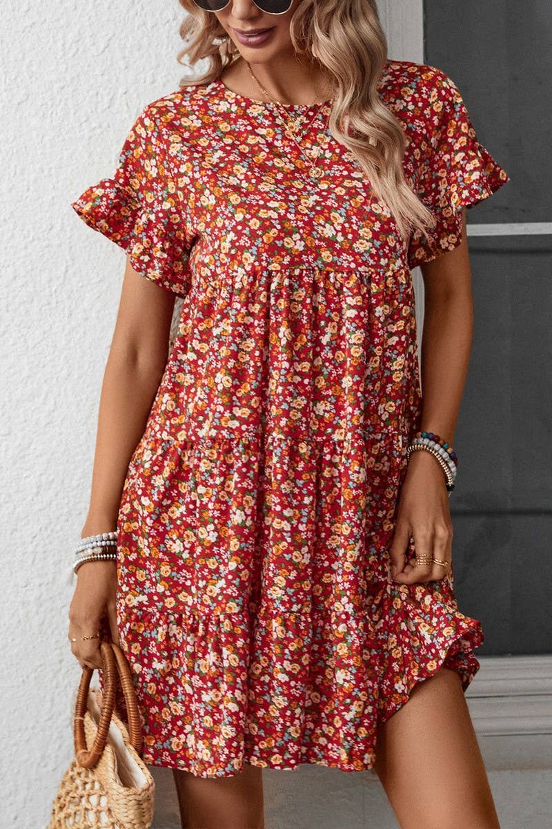 CWDSD2702_Round neck Print Short Sleeve Dress