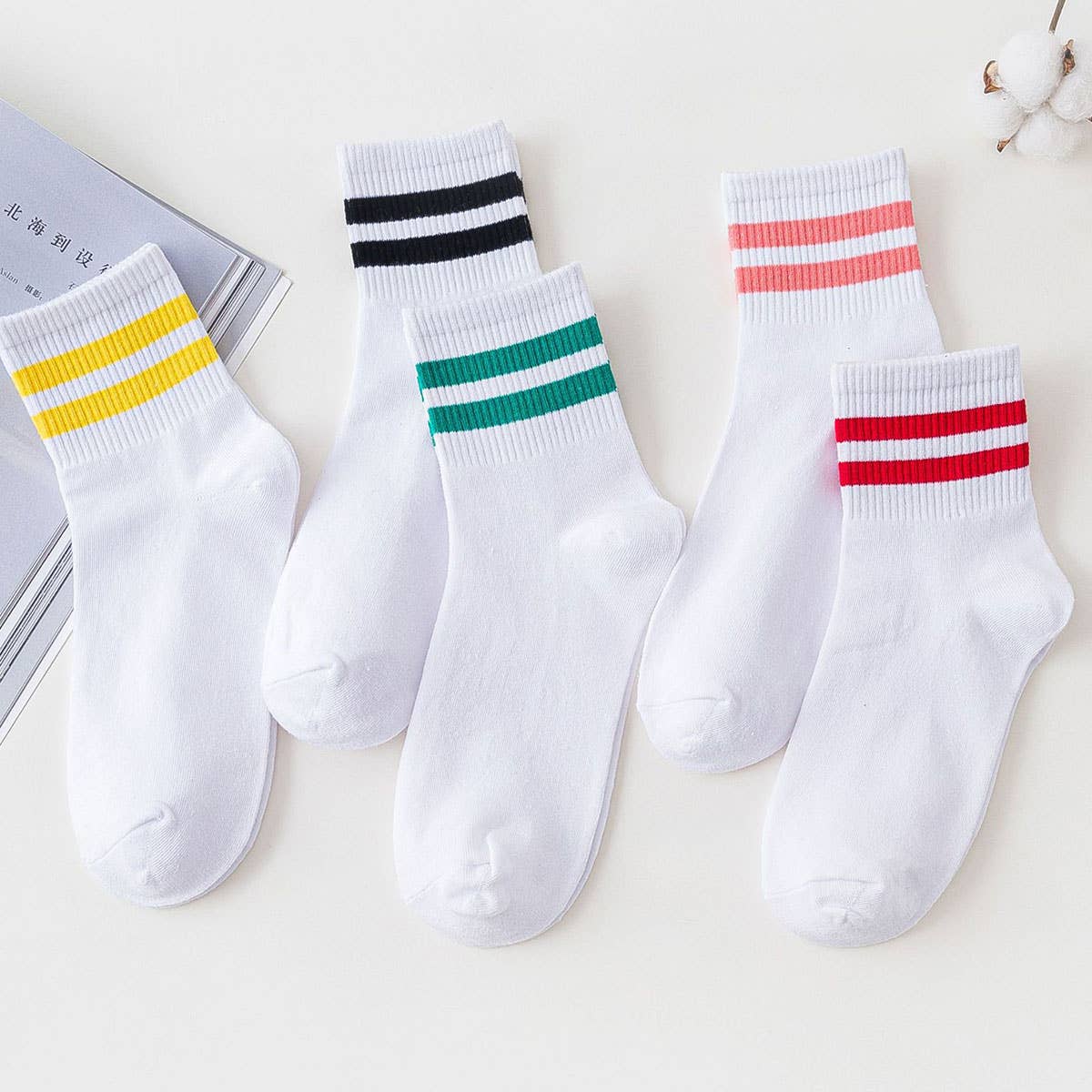 2-Stripe Cotton Mid Socks for Women, Wholesale_CWMS070