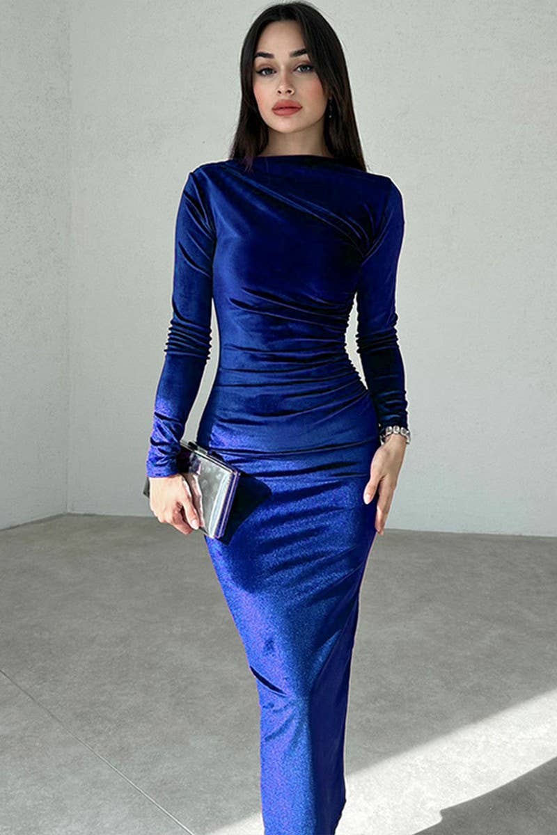 CWDMD4098_SLIM FIT PLEATED LONG SLEEVE TUXEDO DRESS