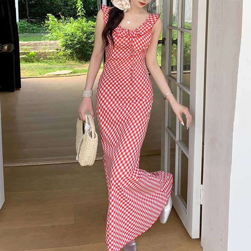 Retro tea break vacation checkered halter dress