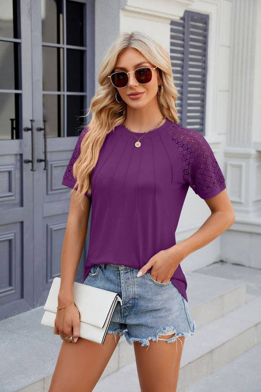 Cwtts0812_Round Neck Contrast Lace Short  Sleeve Blouse